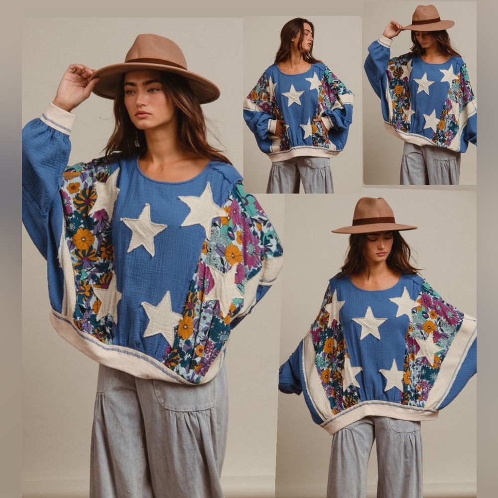 Bibi Starry Meadow Oversized Patchwork Mixed Media Pullover Blue & White Size XL